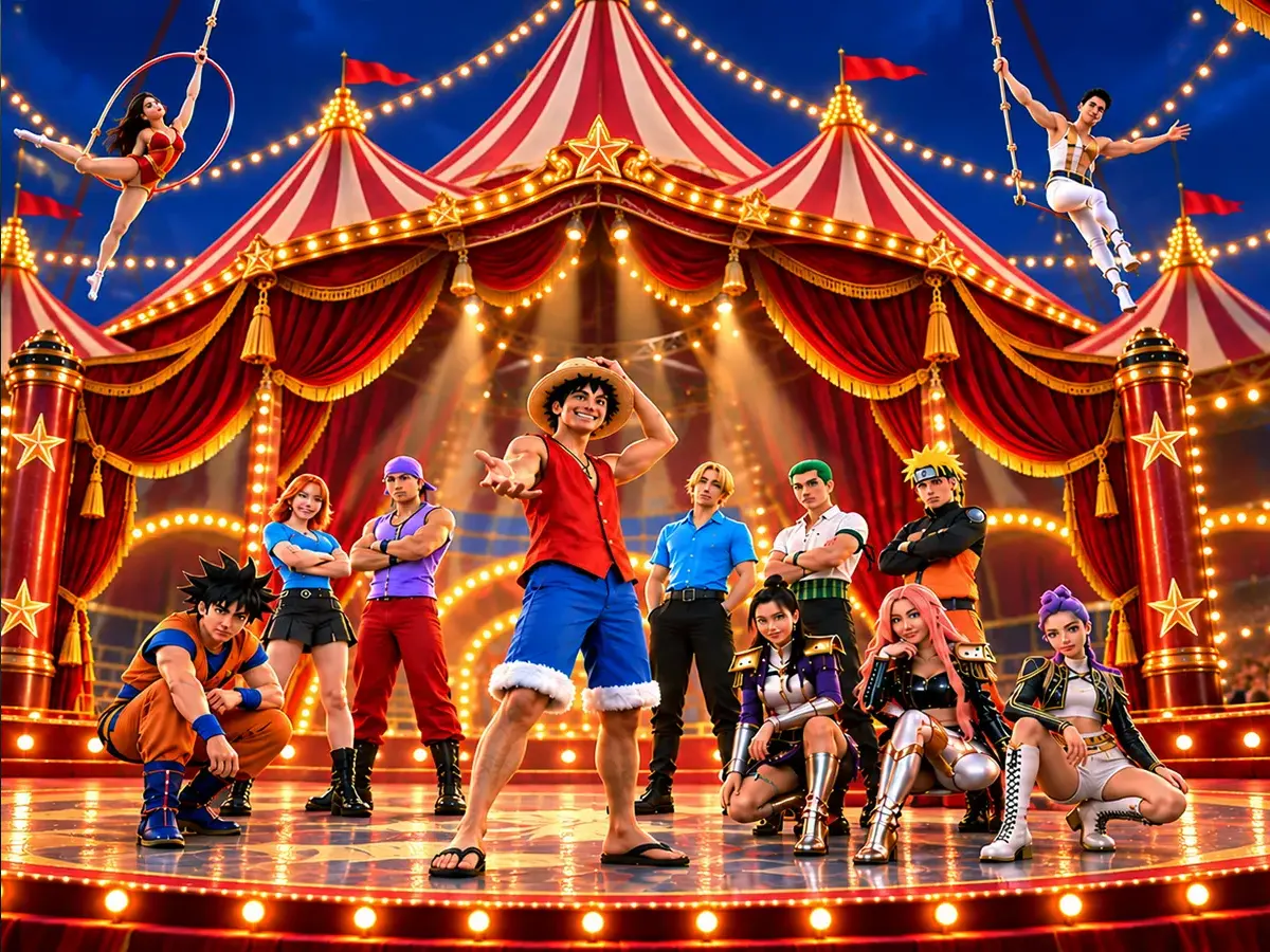 Grupo de artistas realizando una actuación sobre el escenario del Gran Circo Monumental