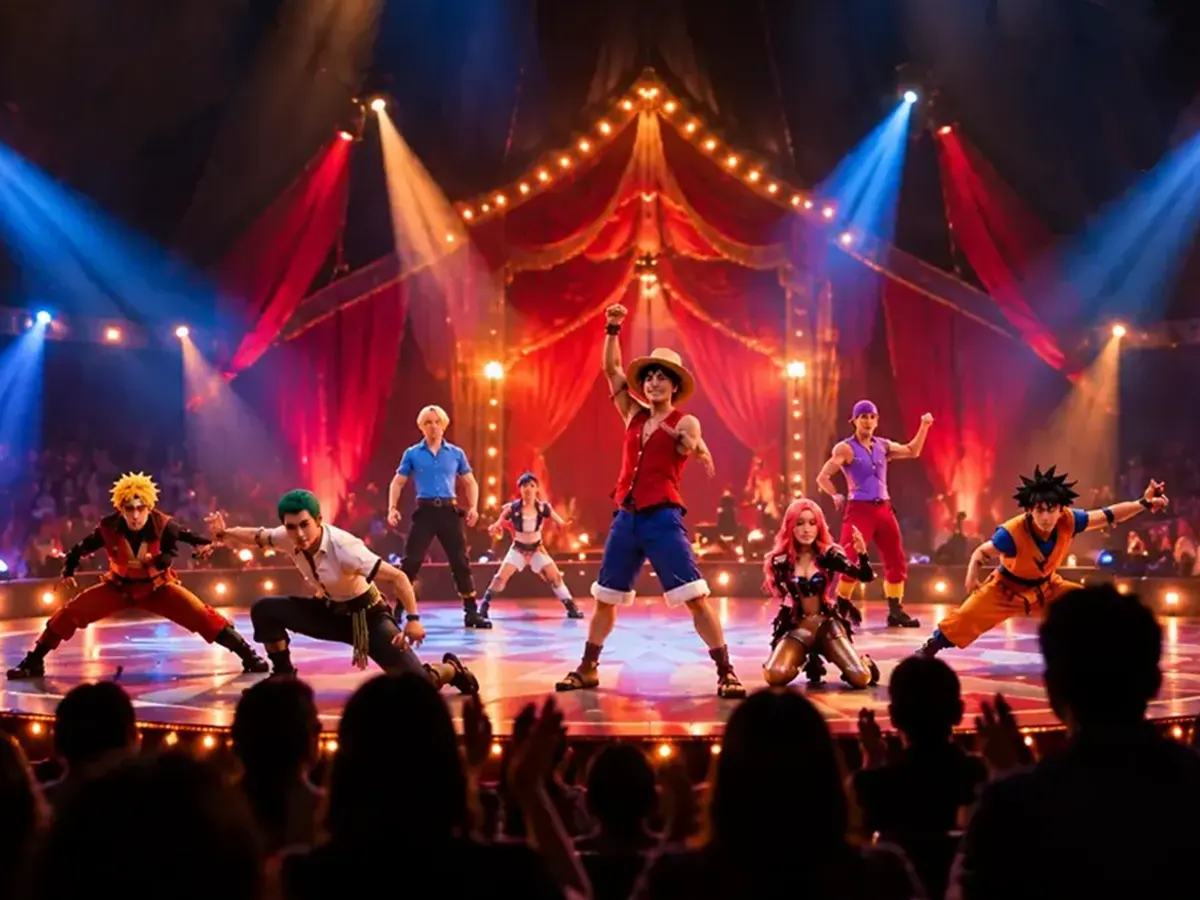Artistas durante un espectáculo de circo en Valencia sobre una pista iluminada