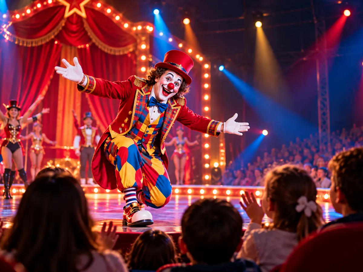 Payaso actuando sobre la pista frente a niños y familias del público